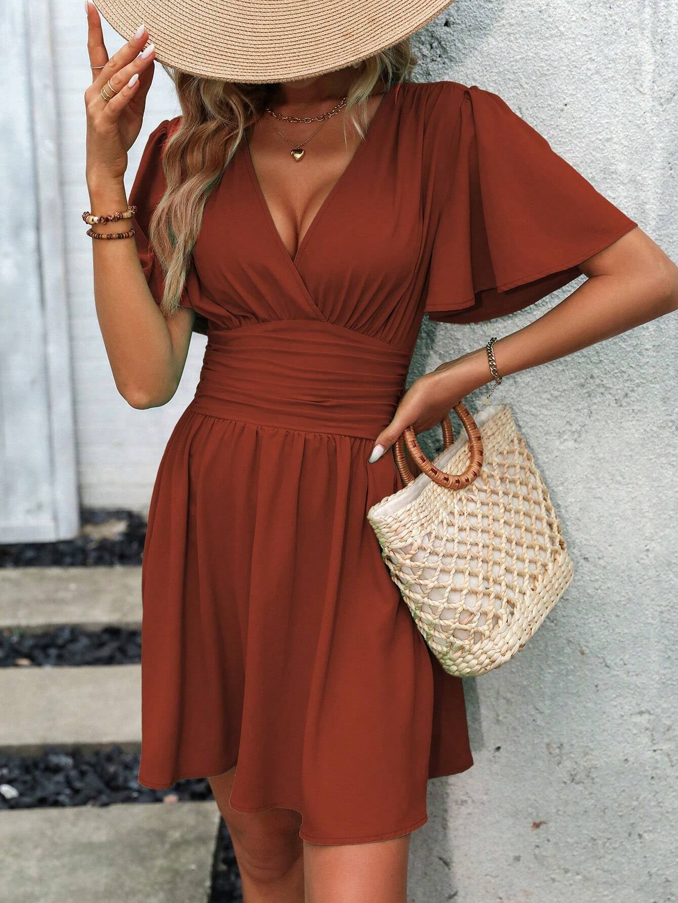 Wandoria Plunging Neck Butterfly Sleeve Ruched Waist Dress
