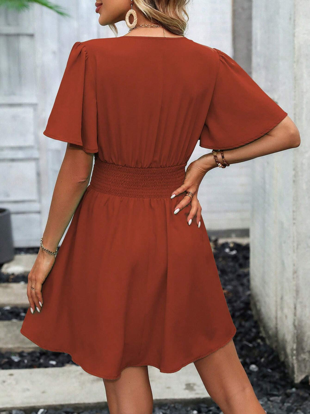 Wandoria Plunging Neck Butterfly Sleeve Ruched Waist Dress