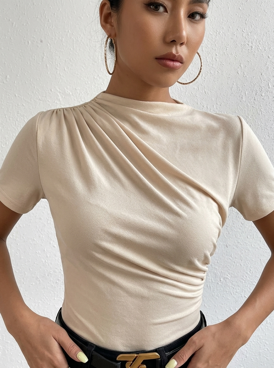 Rafferiza Ruched Mock Neck Tee